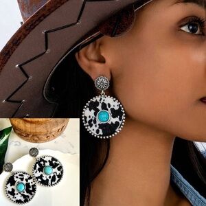 Cow Print Round Turquoise Stone Earrings Silver Tone Western Rodeo Jewelry NEW